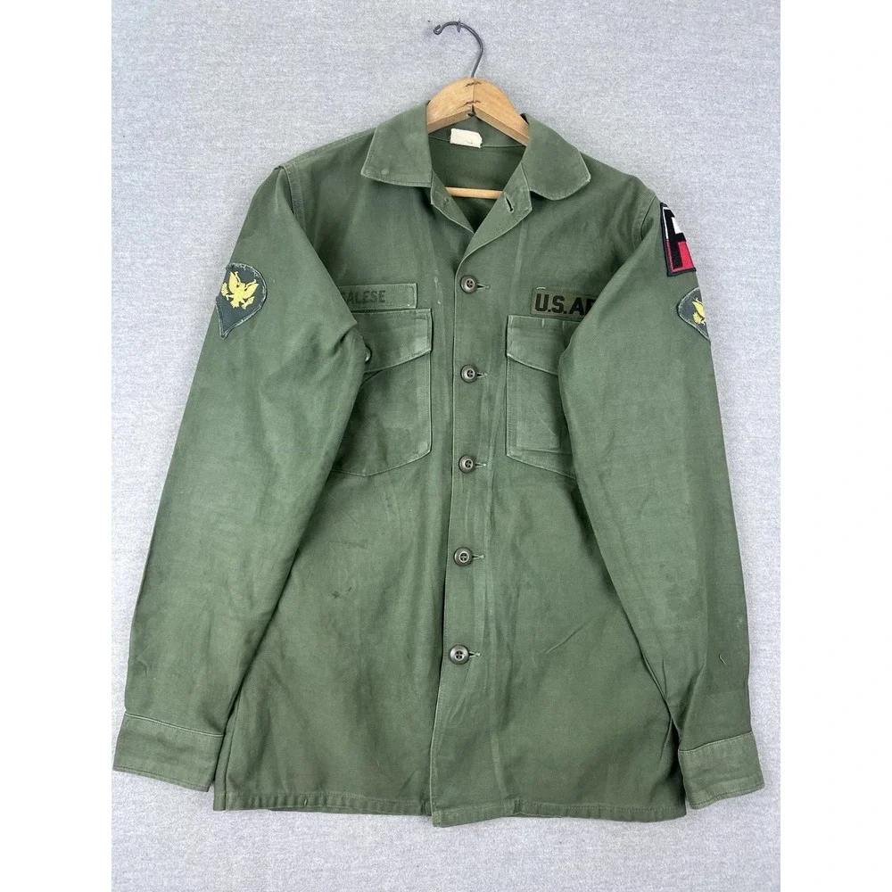 Vintage US Army OG-107 Cotton Sateen Utility Shirt Jacket Green XS 14.5x33